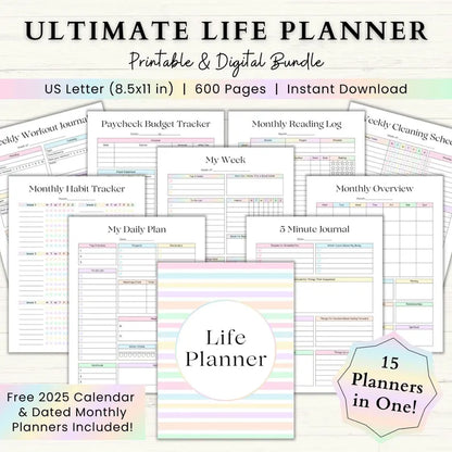 Ultimate Life Planner Bundle: ADHD Productivity, Habit Tracker, Self Care, Weight Loss & Home Organization Printables | Digital Travel Planner